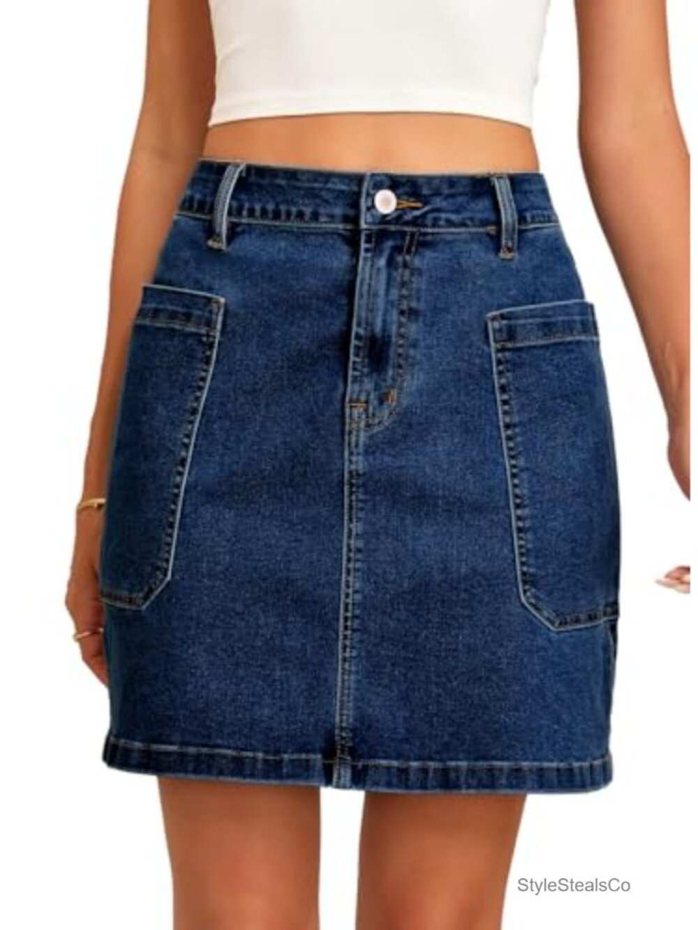 High Waisted Straight Denim Skirt Cargo Pocket Cotton Blend